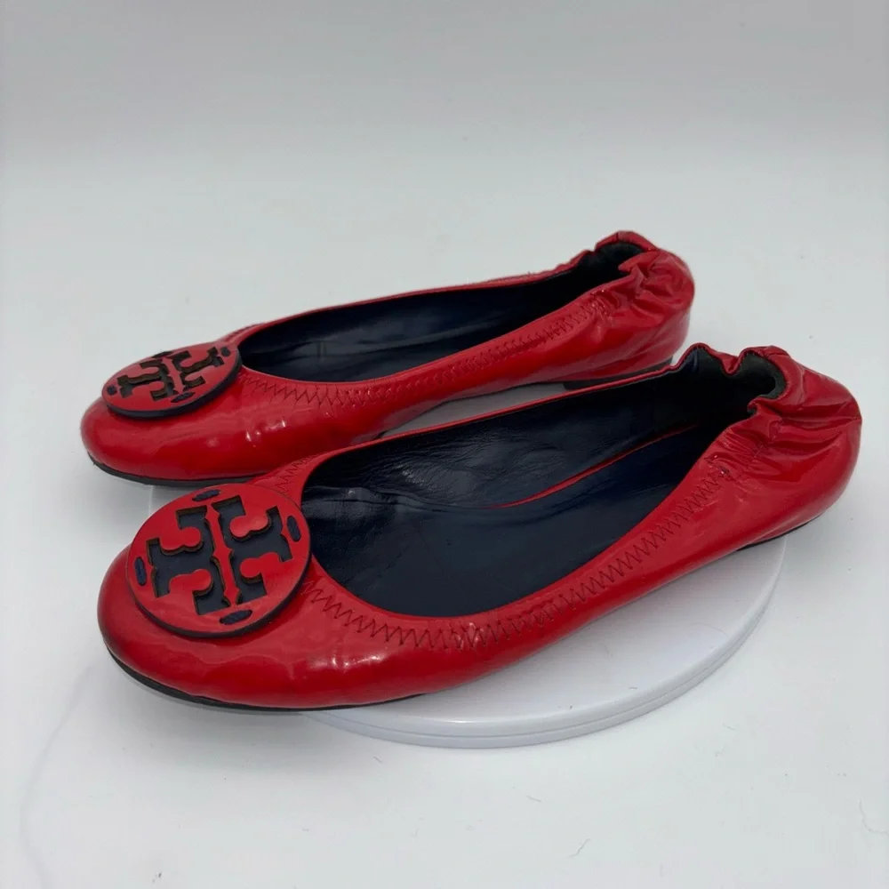 TORY BURCH Red Reva Ballet Flat Patent Leather Shoe Logo Slip On Office‎ Round 7